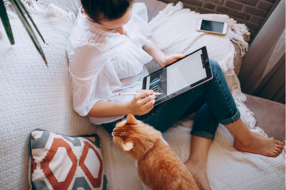 Blog Inset - Woman on couch working with cat