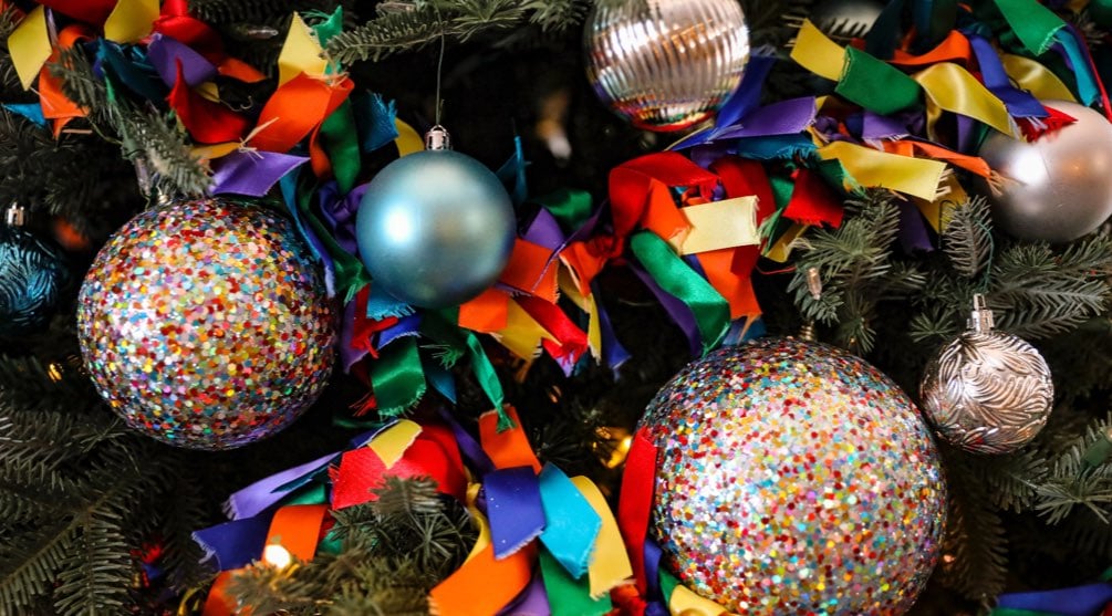 Colorful ribbons on Christmas tree